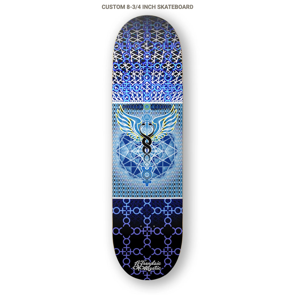 Skateboard deck with blue and black geometric pattern on a white background