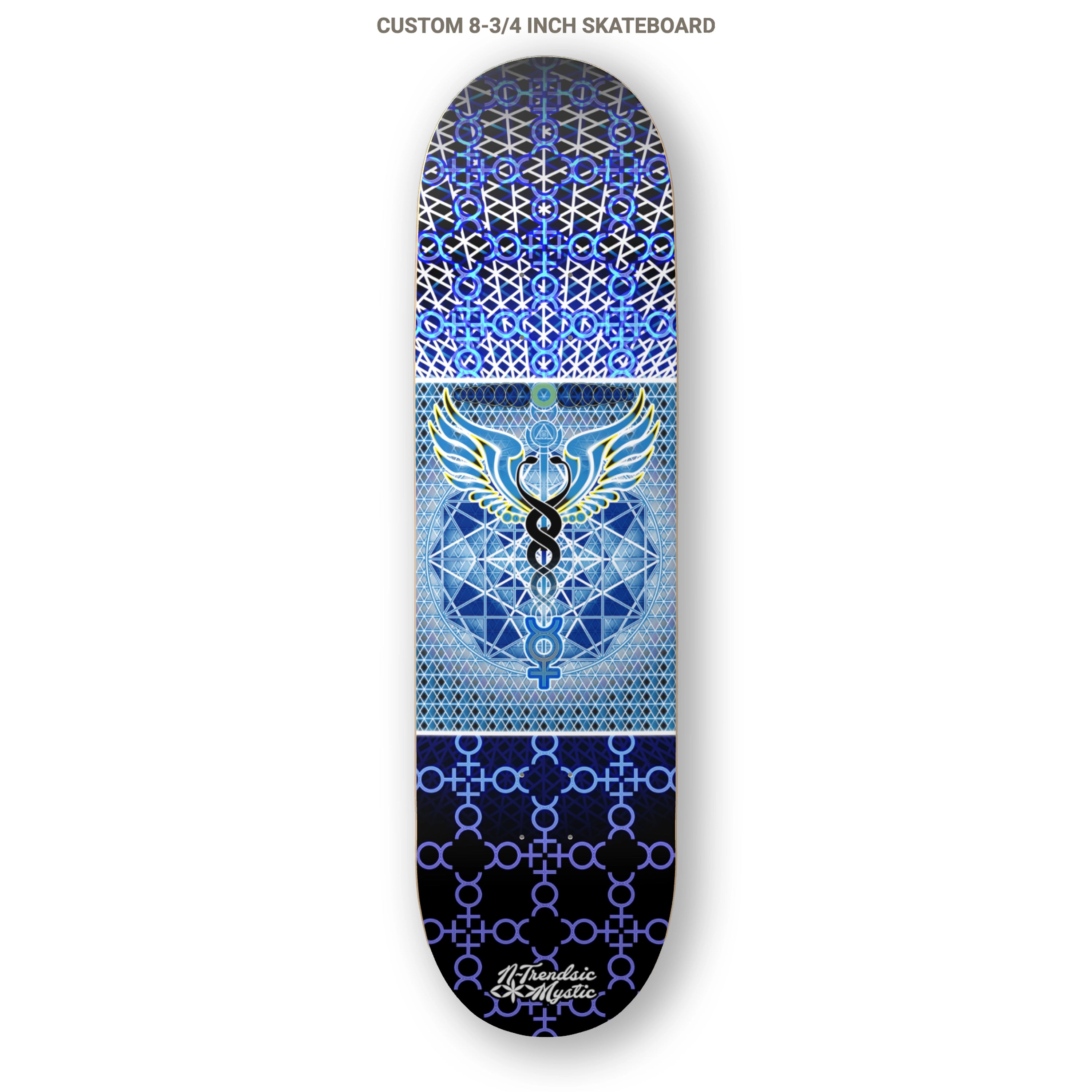 Skateboard deck with blue and black geometric pattern on a white background