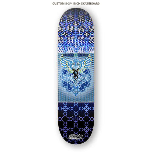 Skateboard deck with blue and black geometric pattern on a white background