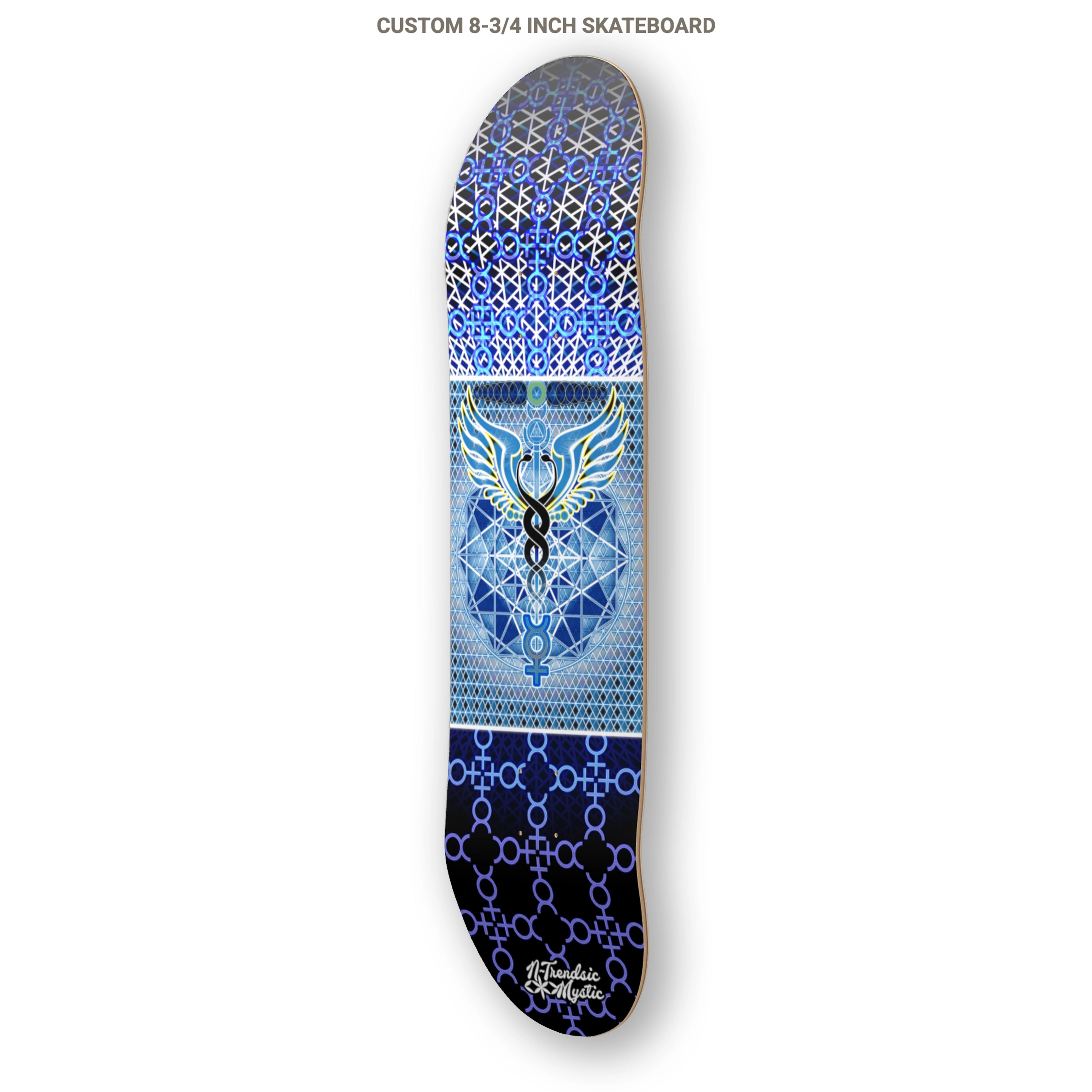 Custom skateboard deck with blue and white geometric pattern on a white background