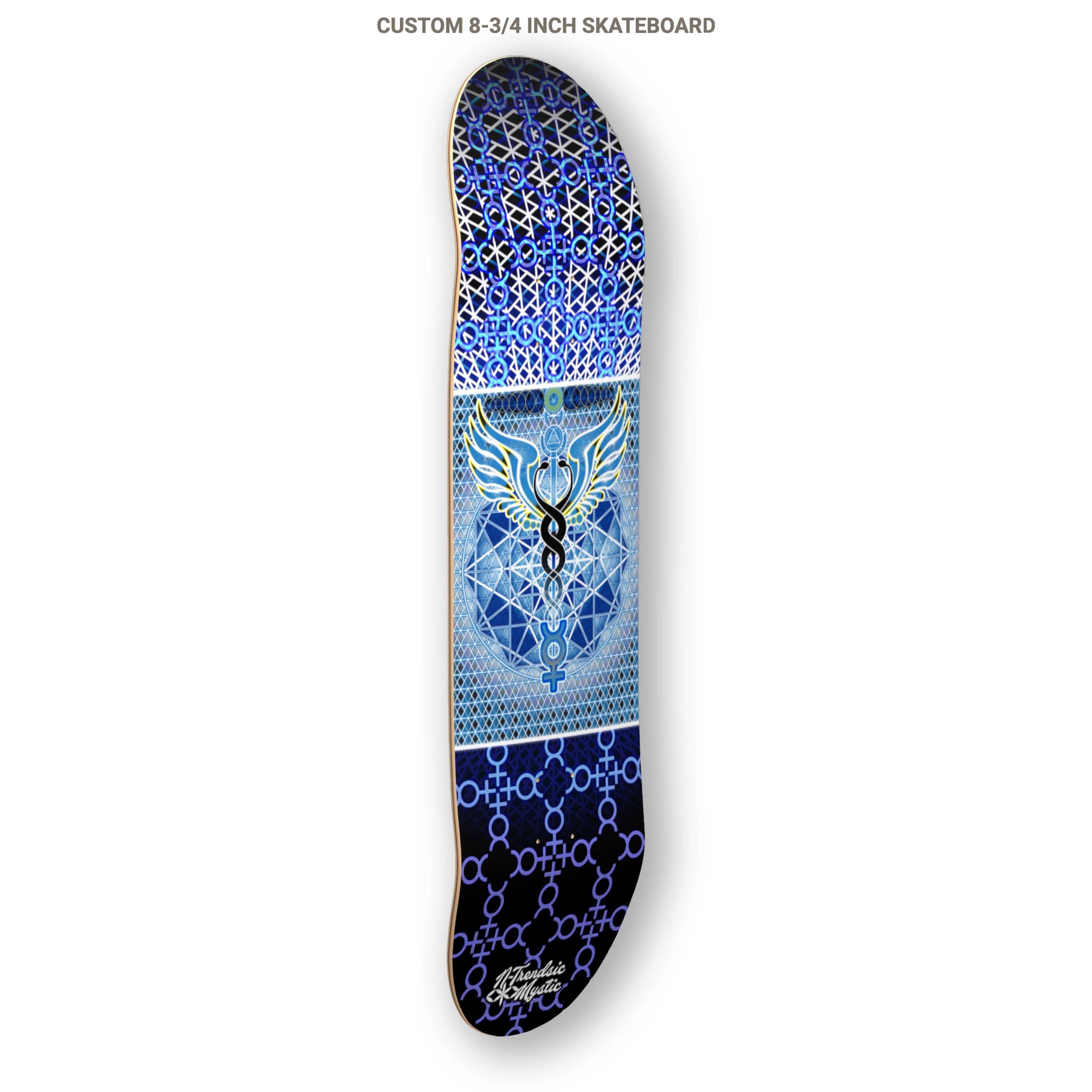 Custom skateboard deck with blue and black geometric design on a white background