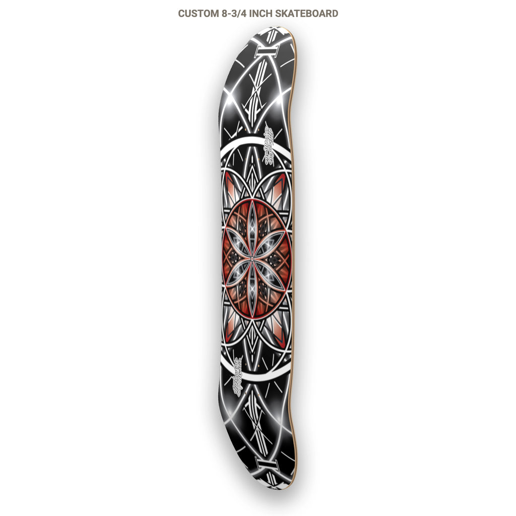 Custom 8.75-inch skateboard with black and red design on a white background