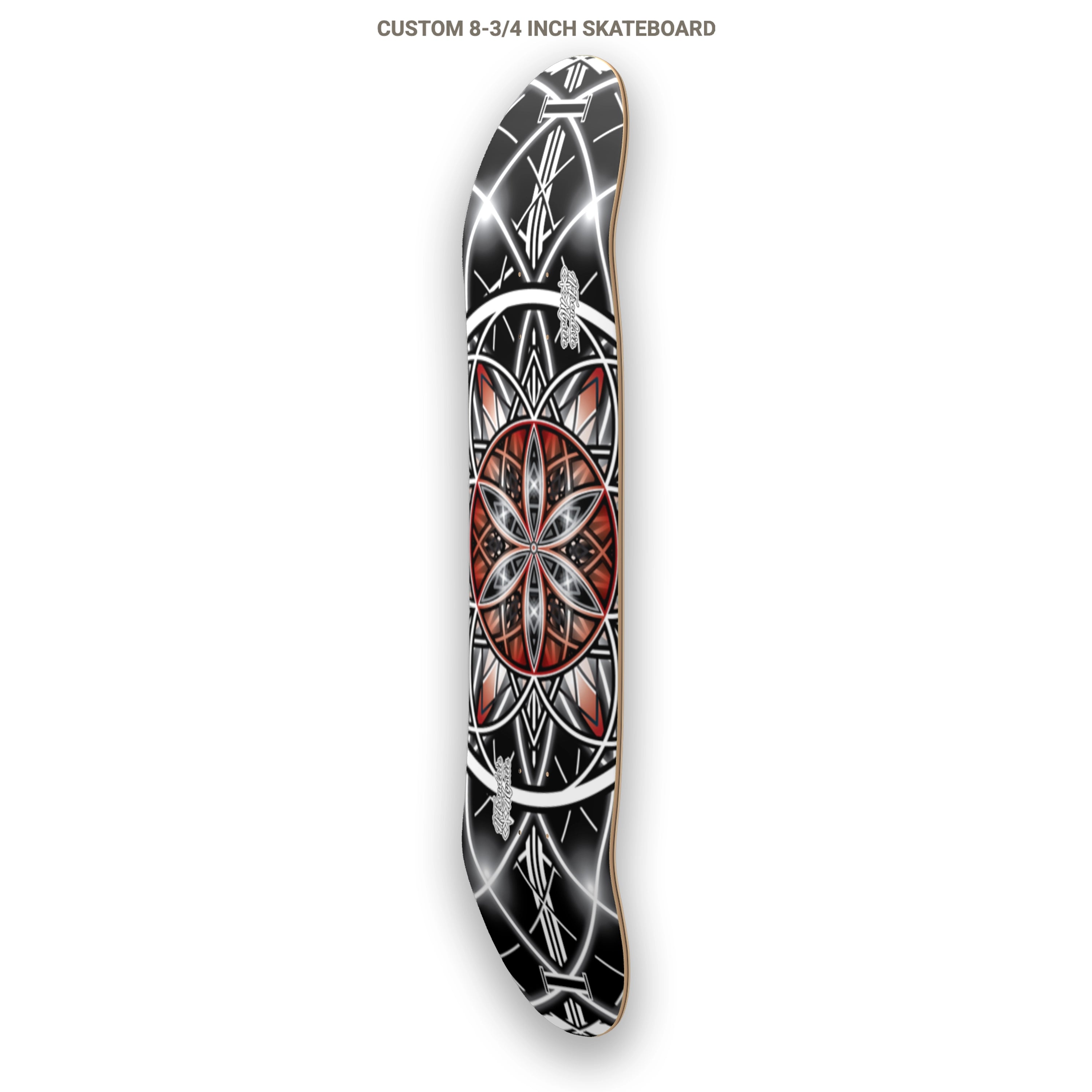 Custom 8.75-inch skateboard with black and red design on a white background