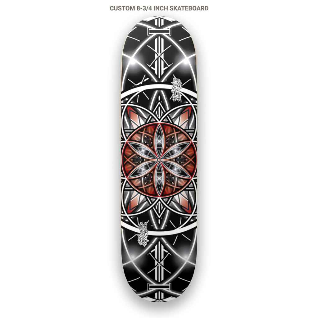 Custom skateboard deck with geometric design on a white background