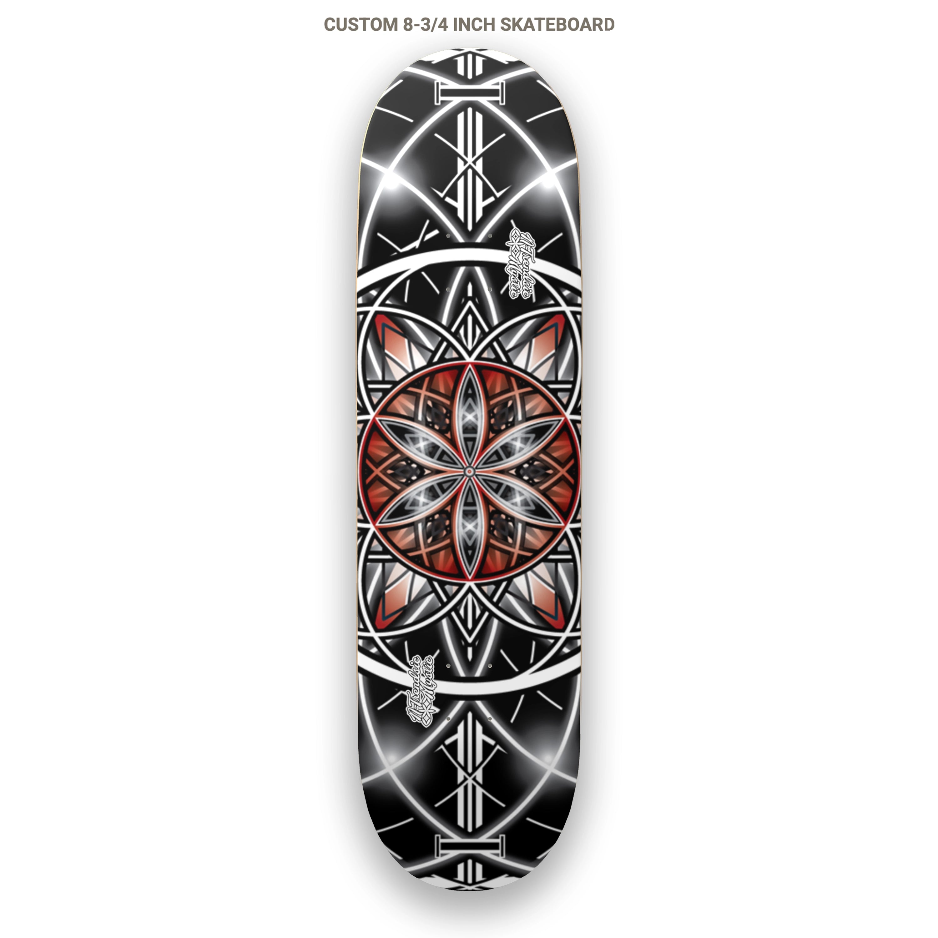Custom skateboard deck with geometric design on a white background