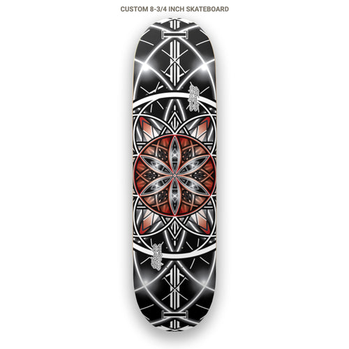 Custom skateboard deck with geometric design on a white background