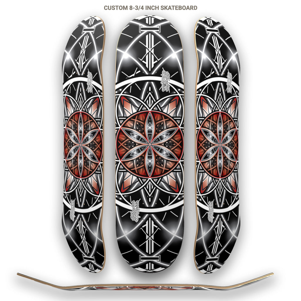 Hero spread of skateboard decks with geometric designs on a white background