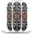 Hero spread of skateboard decks with geometric designs on a white background