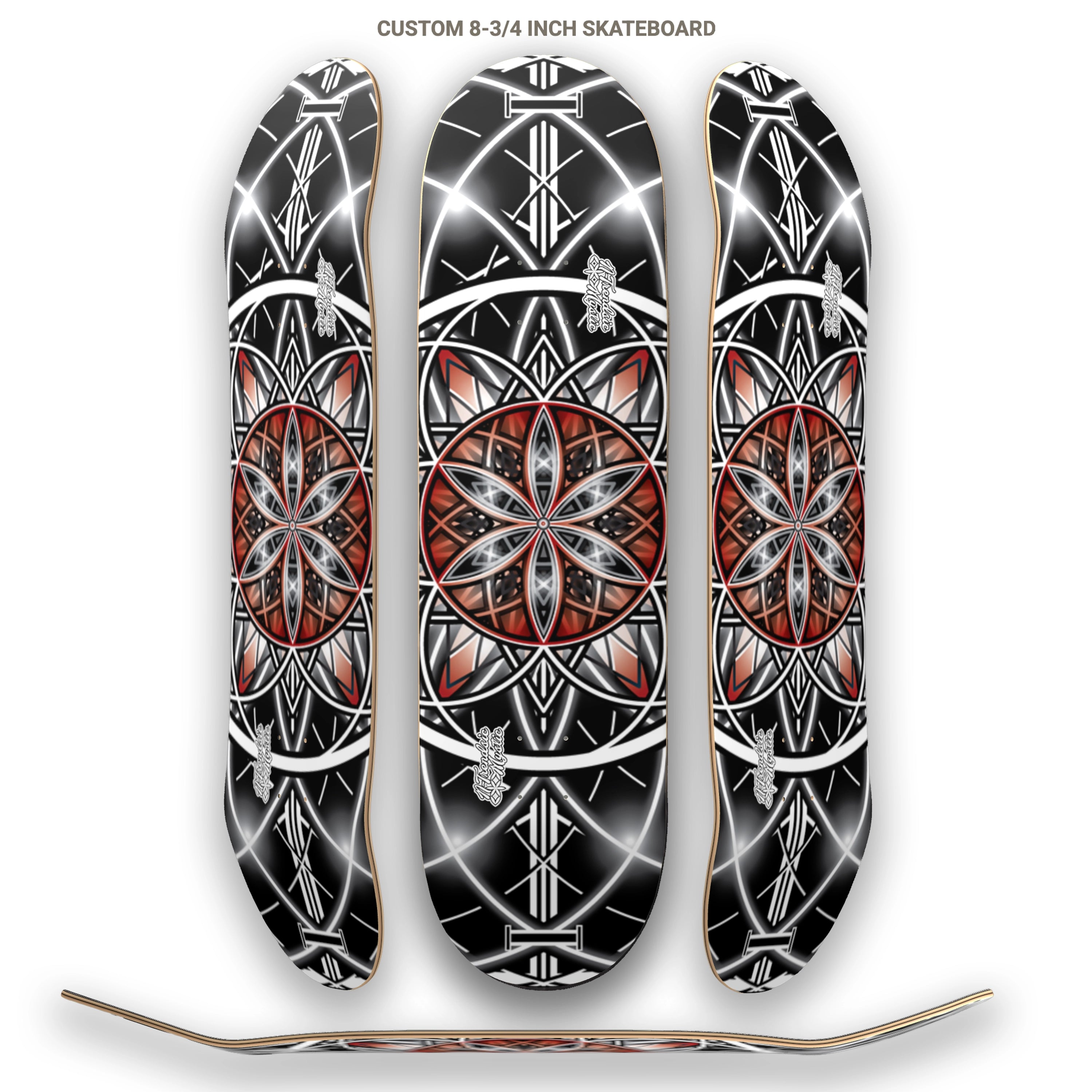 Hero spread of skateboard decks with geometric designs on a white background