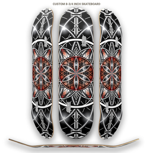 Hero spread of skateboard decks with geometric designs on a white background