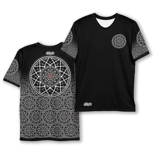 Black t-shirt with geometric patterns on a white background
