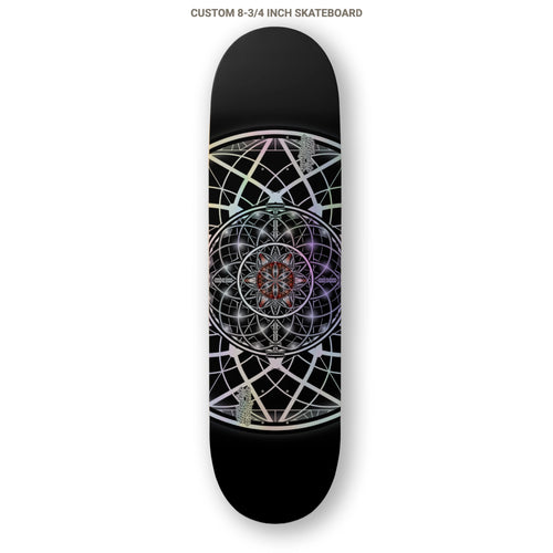 Skateboard deck with geometric design on a white background