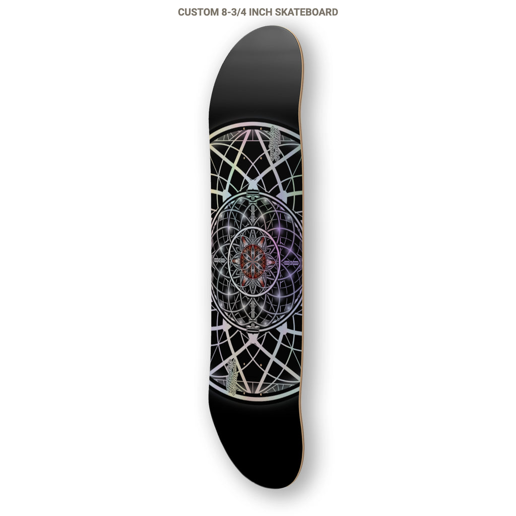 Skateboard deck with geometric design on a white background