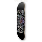 Skateboard deck with geometric design on a white background