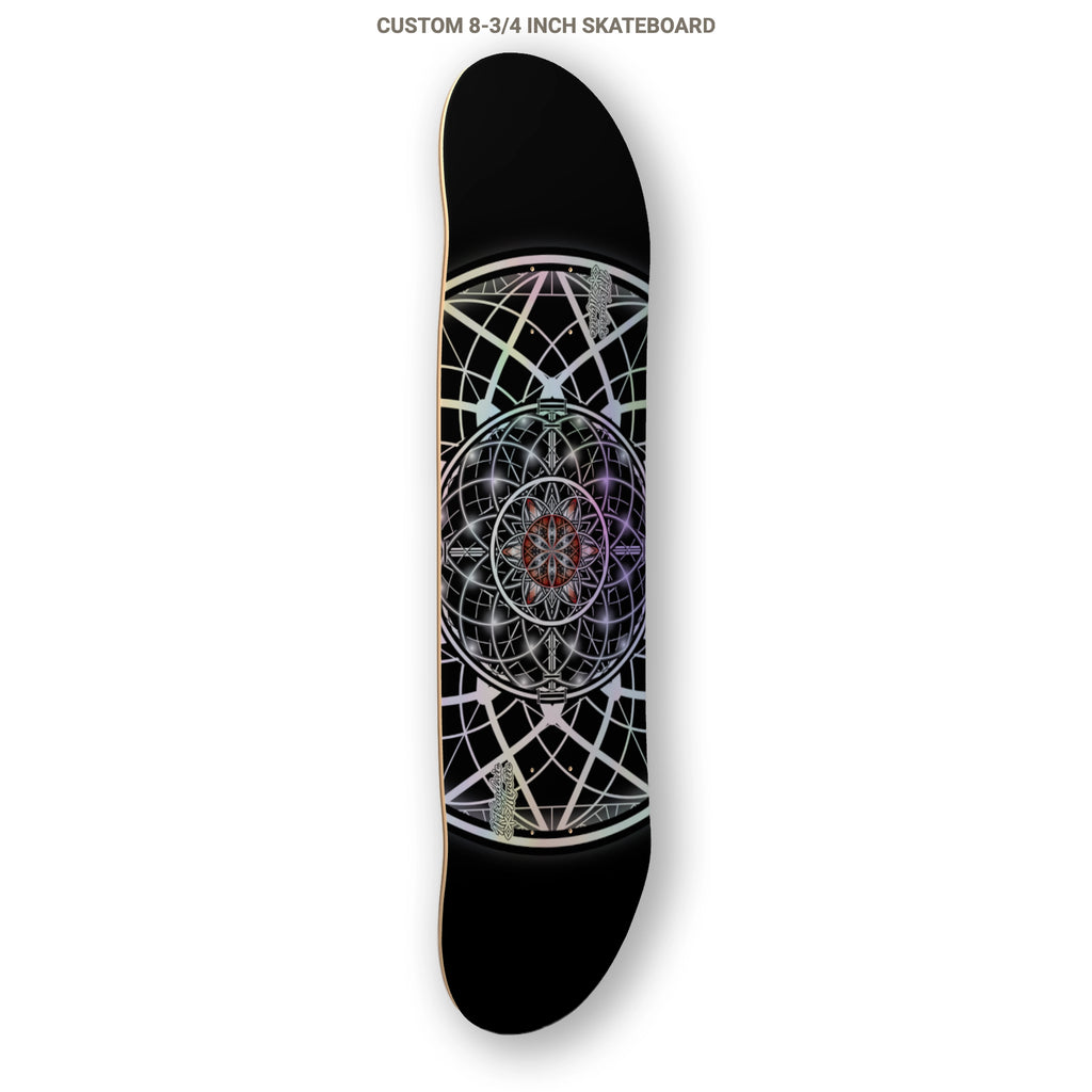 Skateboard deck with geometric design on a white background