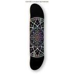 Skateboard deck with geometric design on a white background