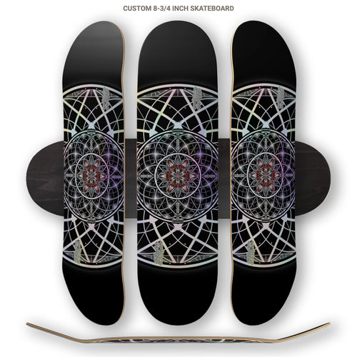 Three skateboard decks with geometric designs on a white background