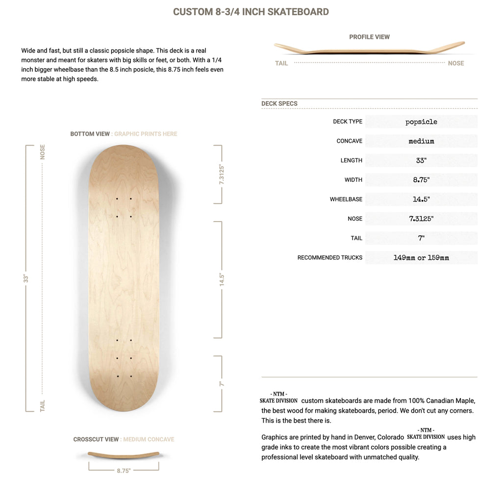 Skateboard deck with specifications and measurements on a white background