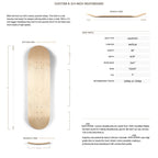 Skateboard deck with specifications and measurements on a white background