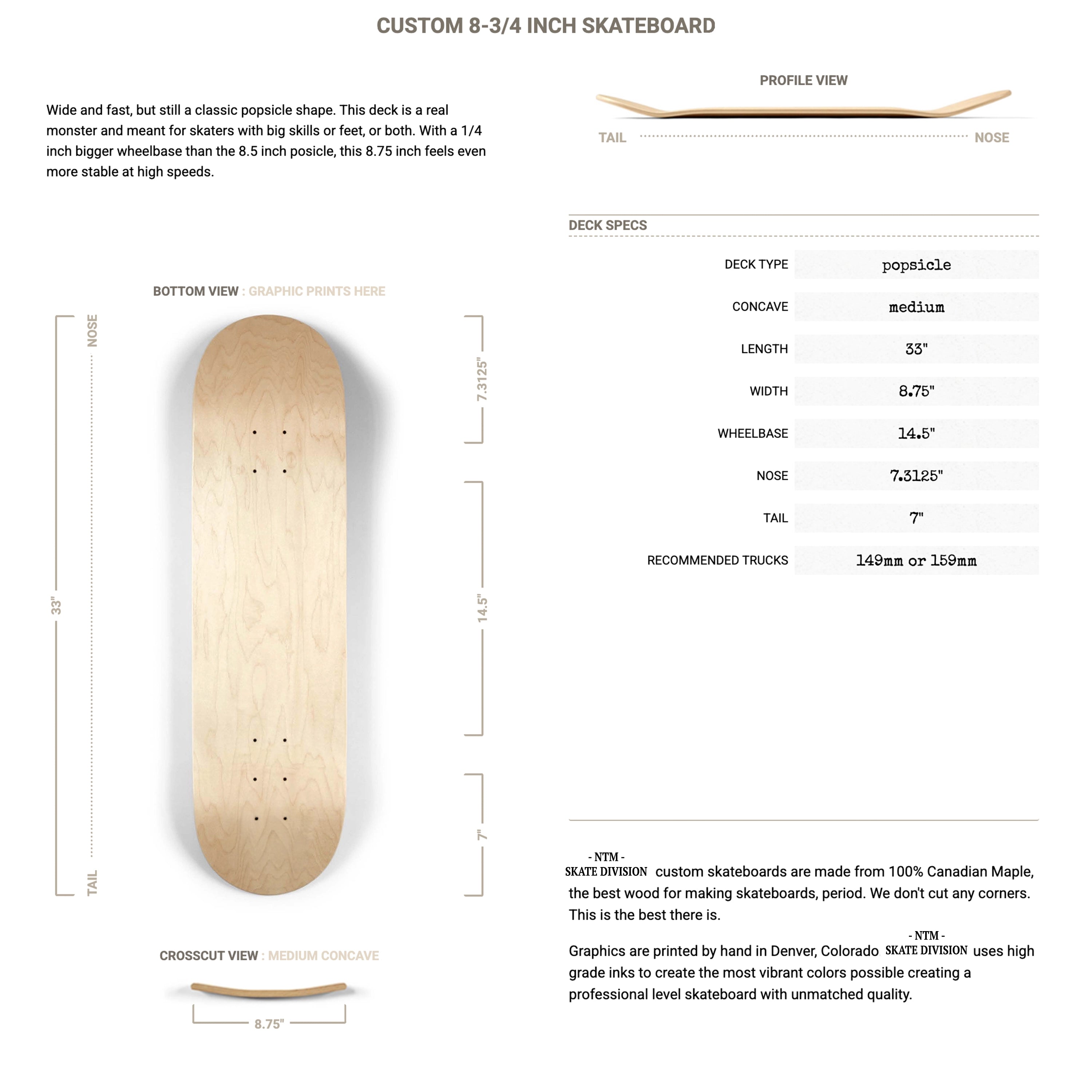 Skateboard deck with specifications and measurements on a white background