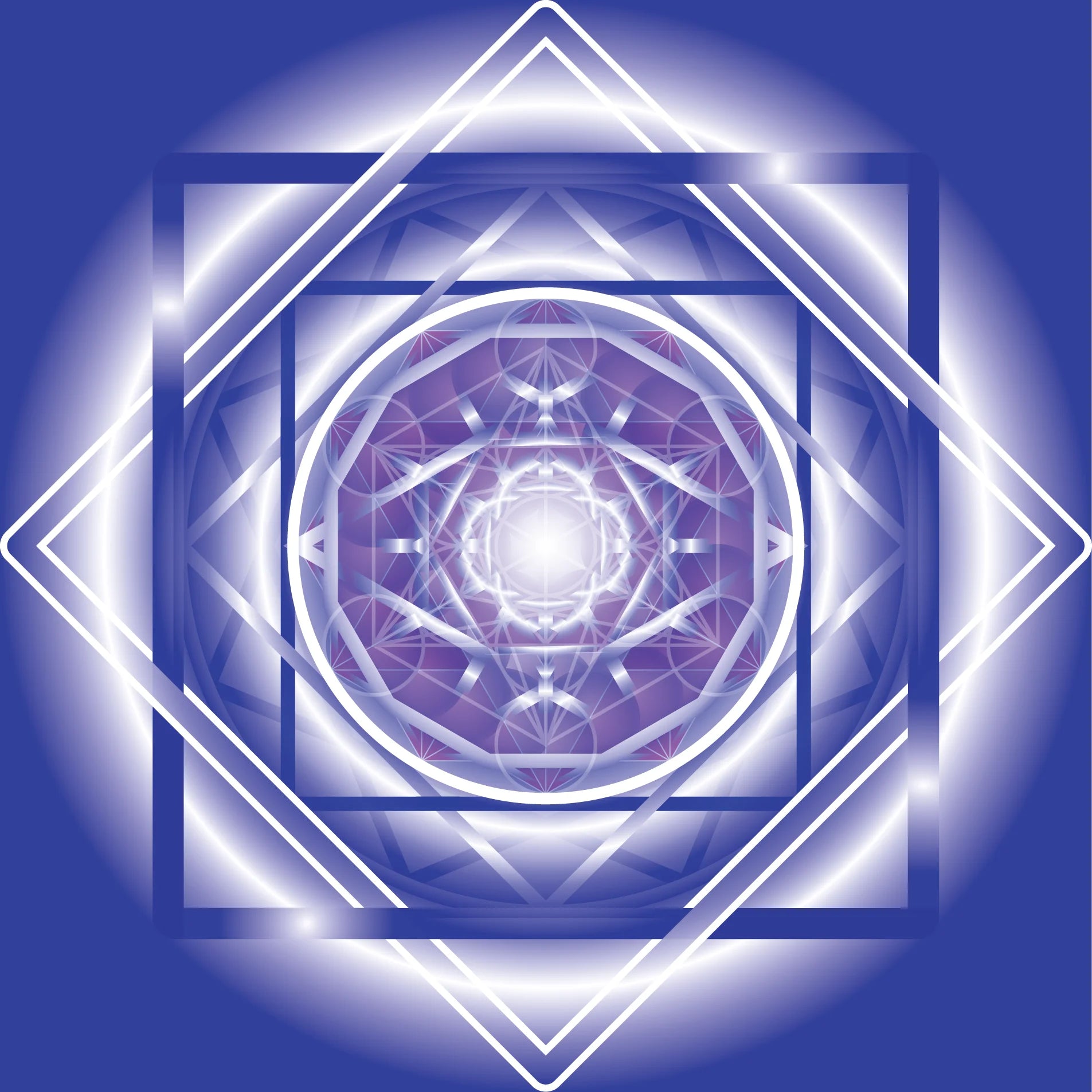 Geometric mandala with concentric circles and triangles on a blue background - by NTrendSic Mystic