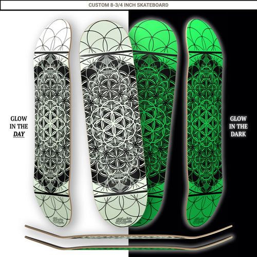Glow in the dark skateboard deck showing day and night appearance