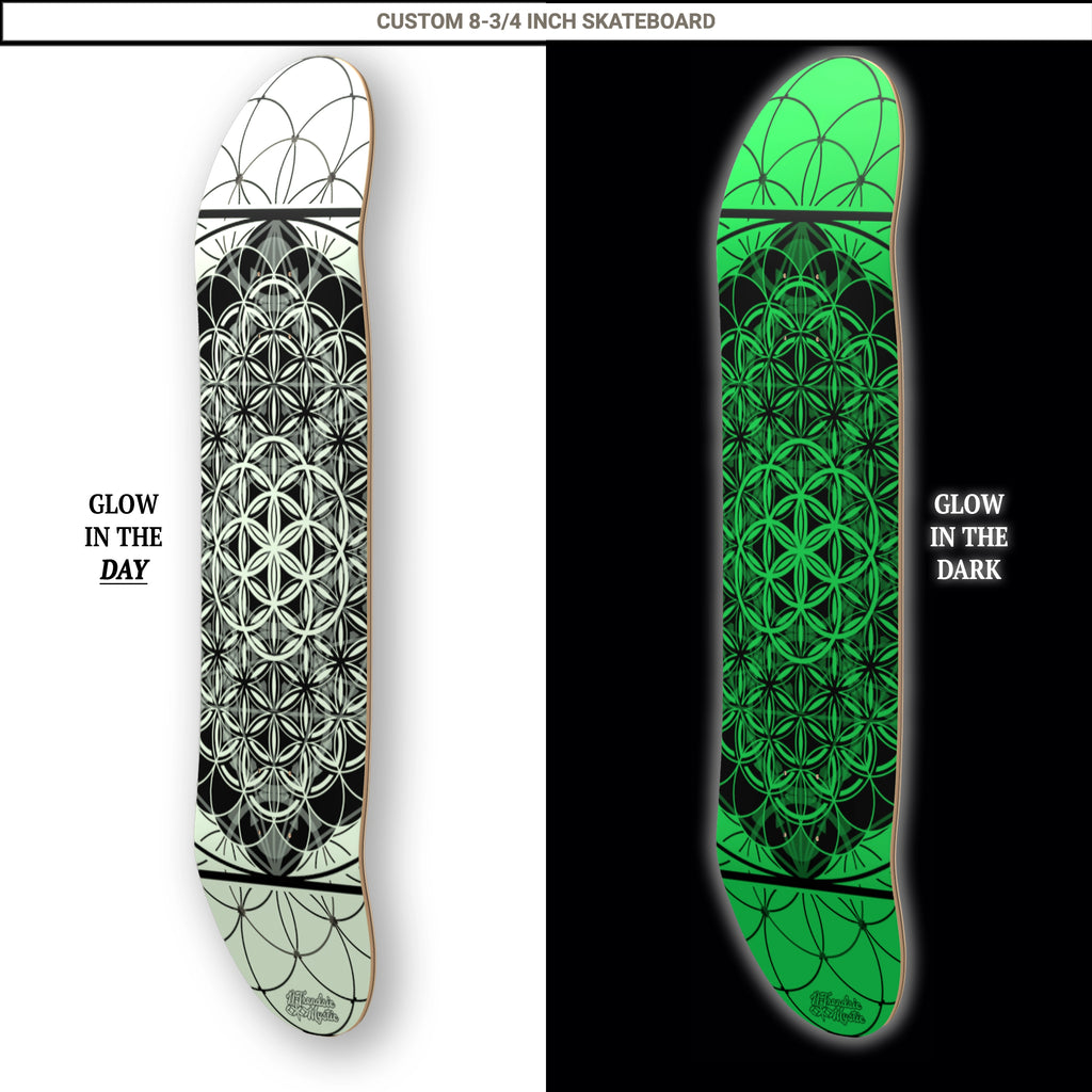 Glow in the dark skateboard deck showing day and night appearance