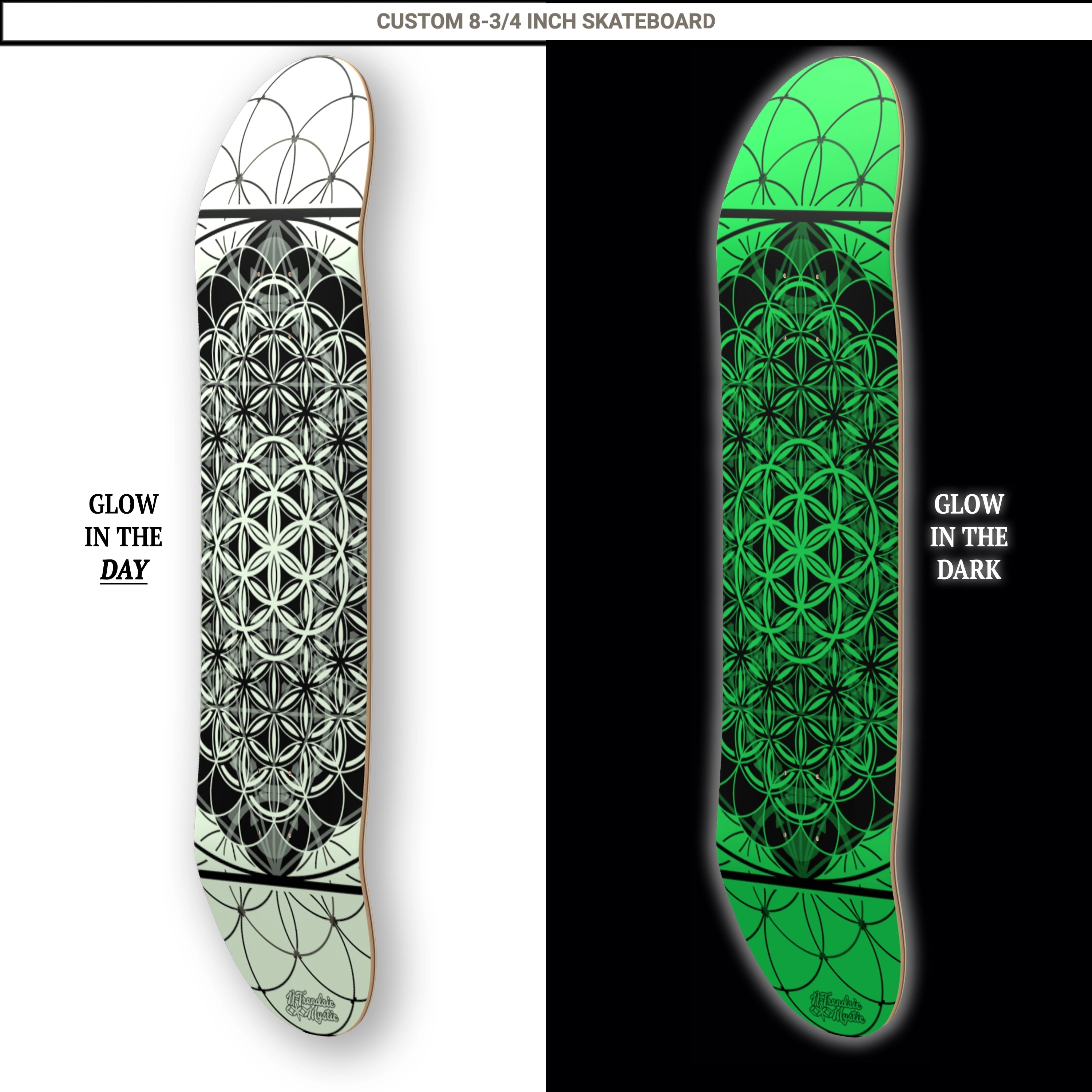Glow in the dark skateboard deck showing day and night appearance
