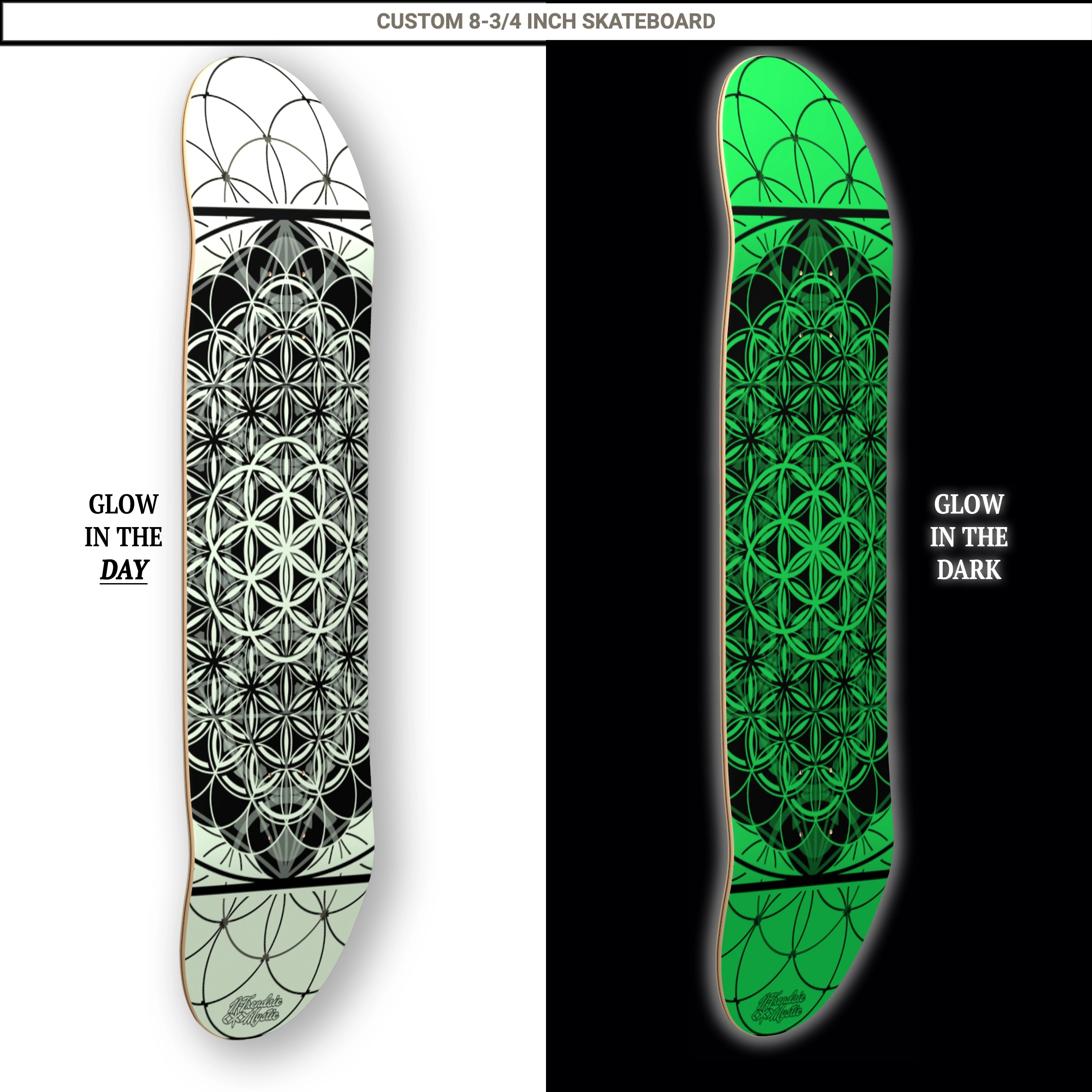 Glow in the dark skateboard deck showing day and night appearance