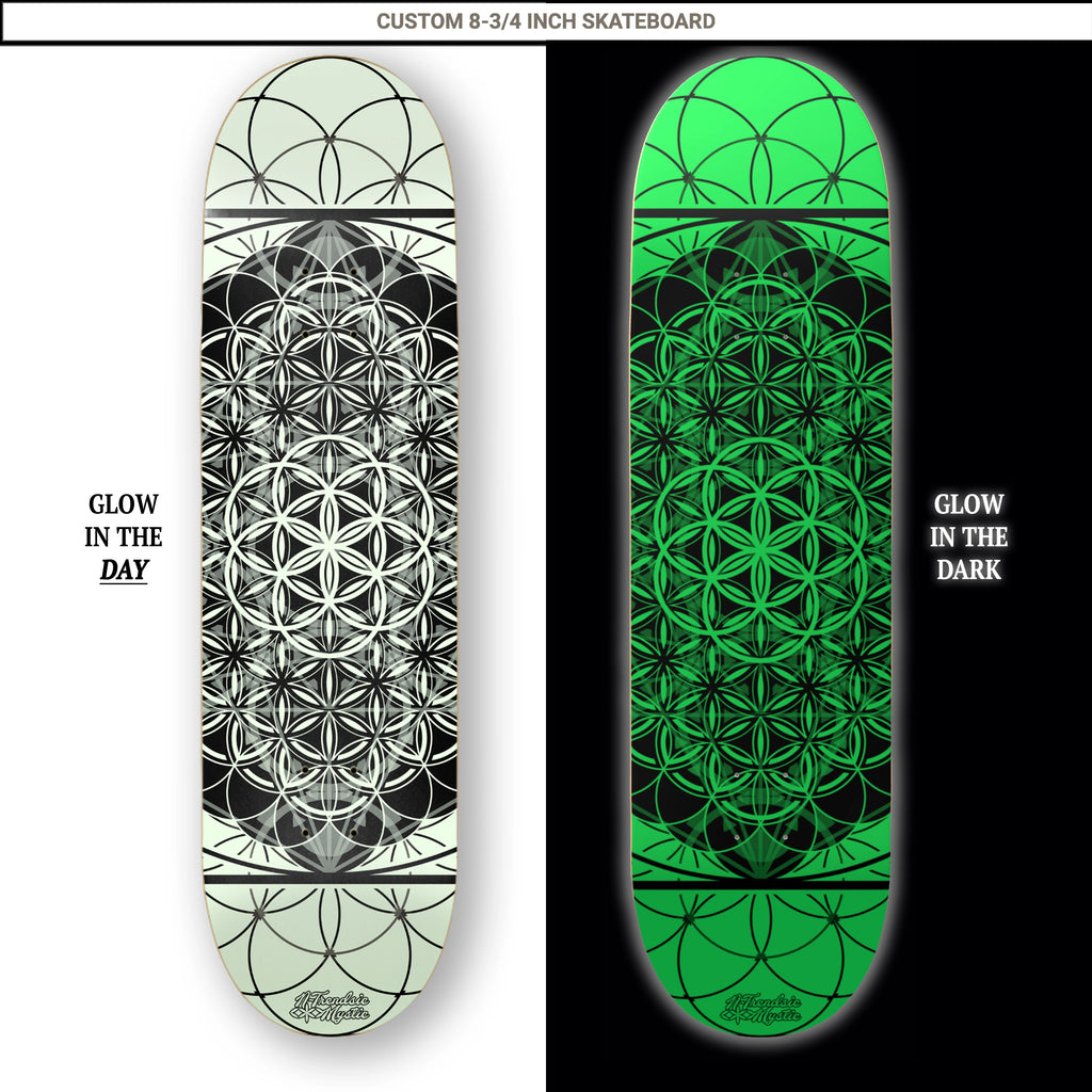 Glow in the dark skateboard deck showing day and night appearance