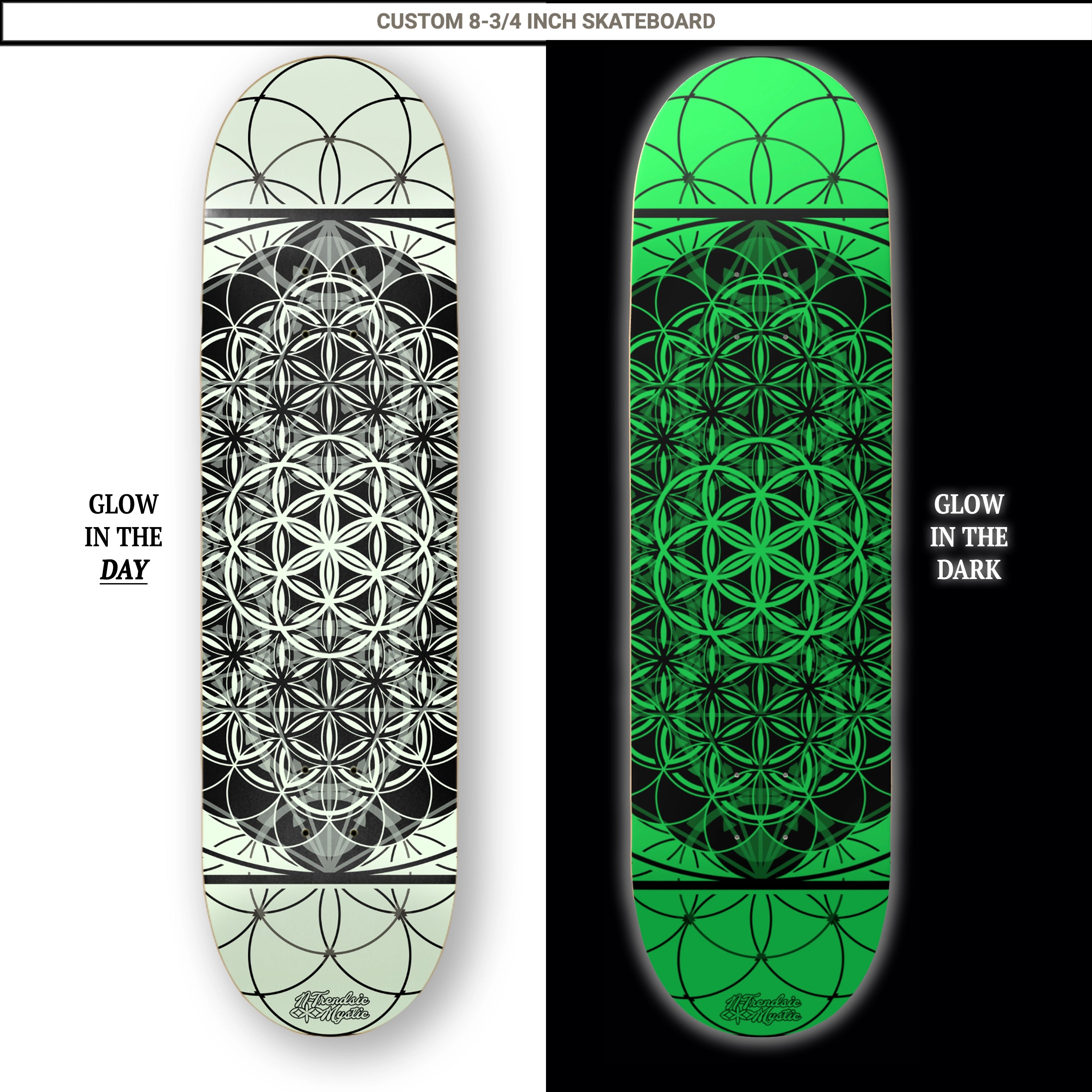 Glow in the dark skateboard deck showing day and night appearance