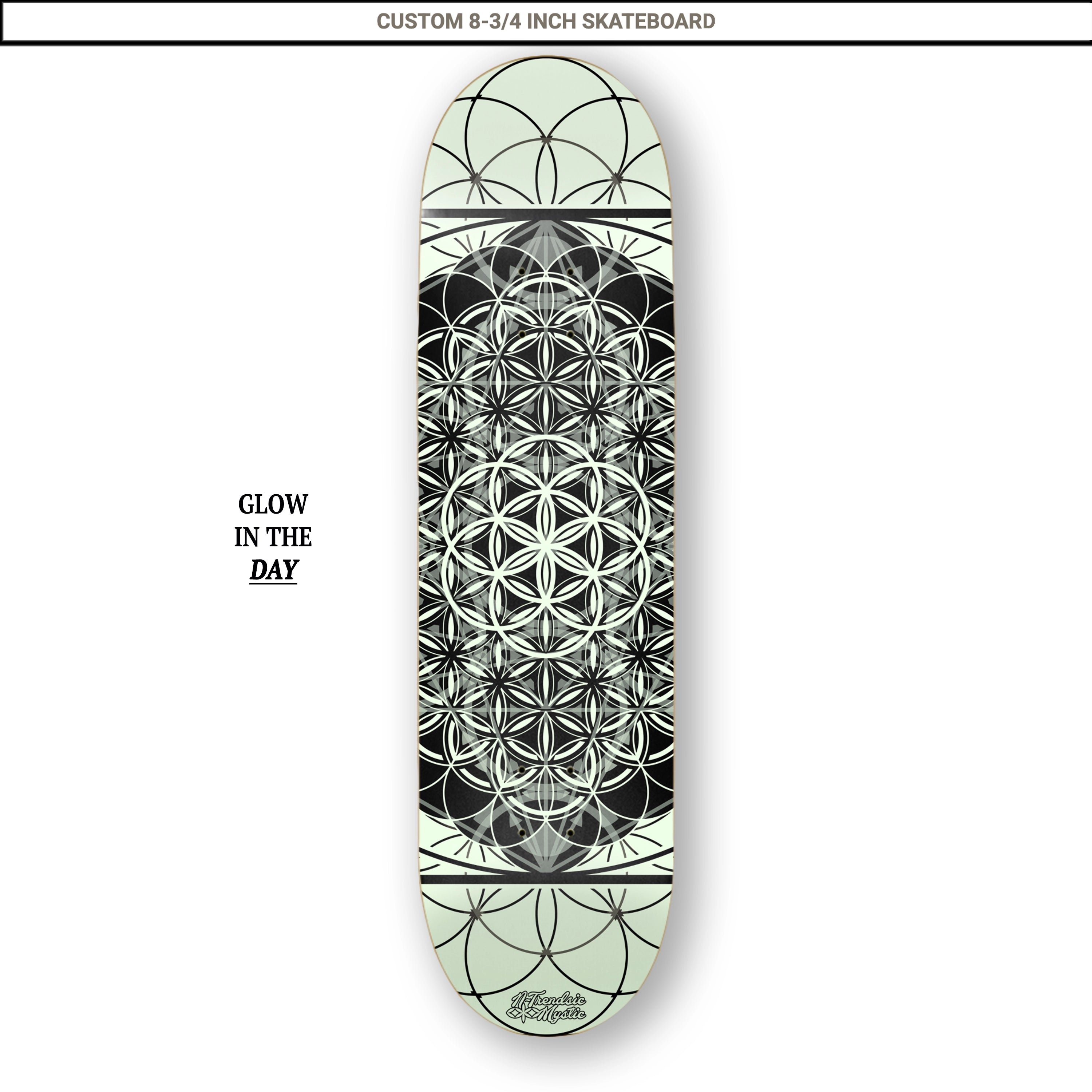Skateboard deck with geometric design and 'Glow in the Day' text on a white background