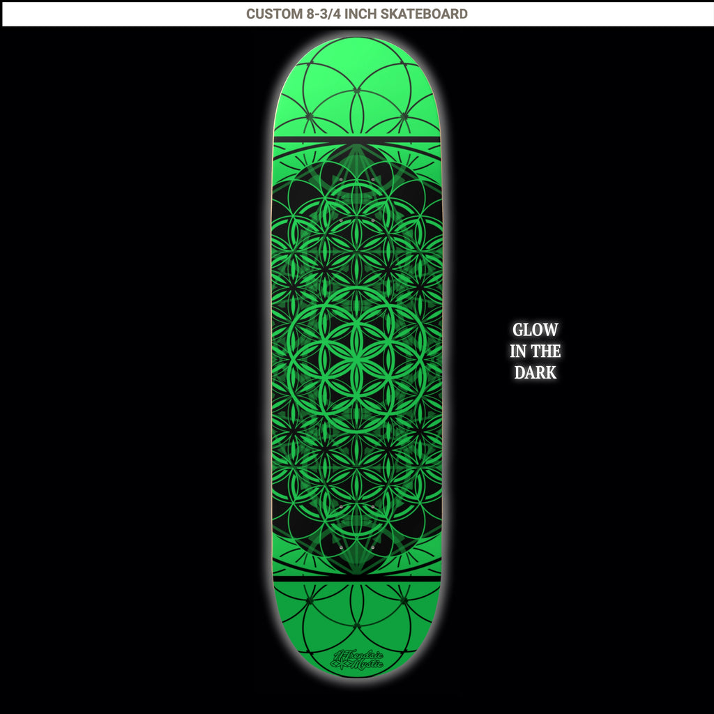 Green geometric patterned skateboard deck with 'Glow in the Dark' text on a black background