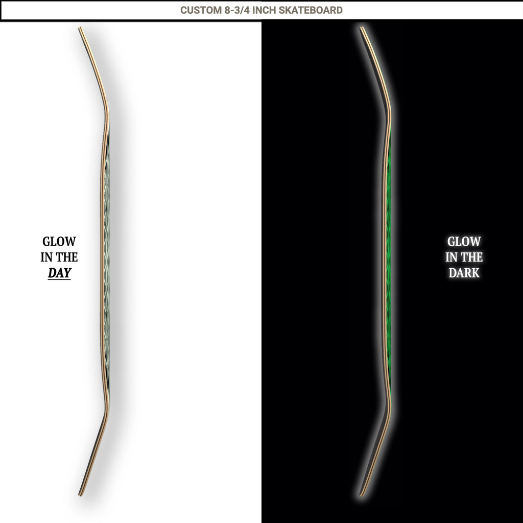 Glow in the dark skateboard deck showing day and night appearance