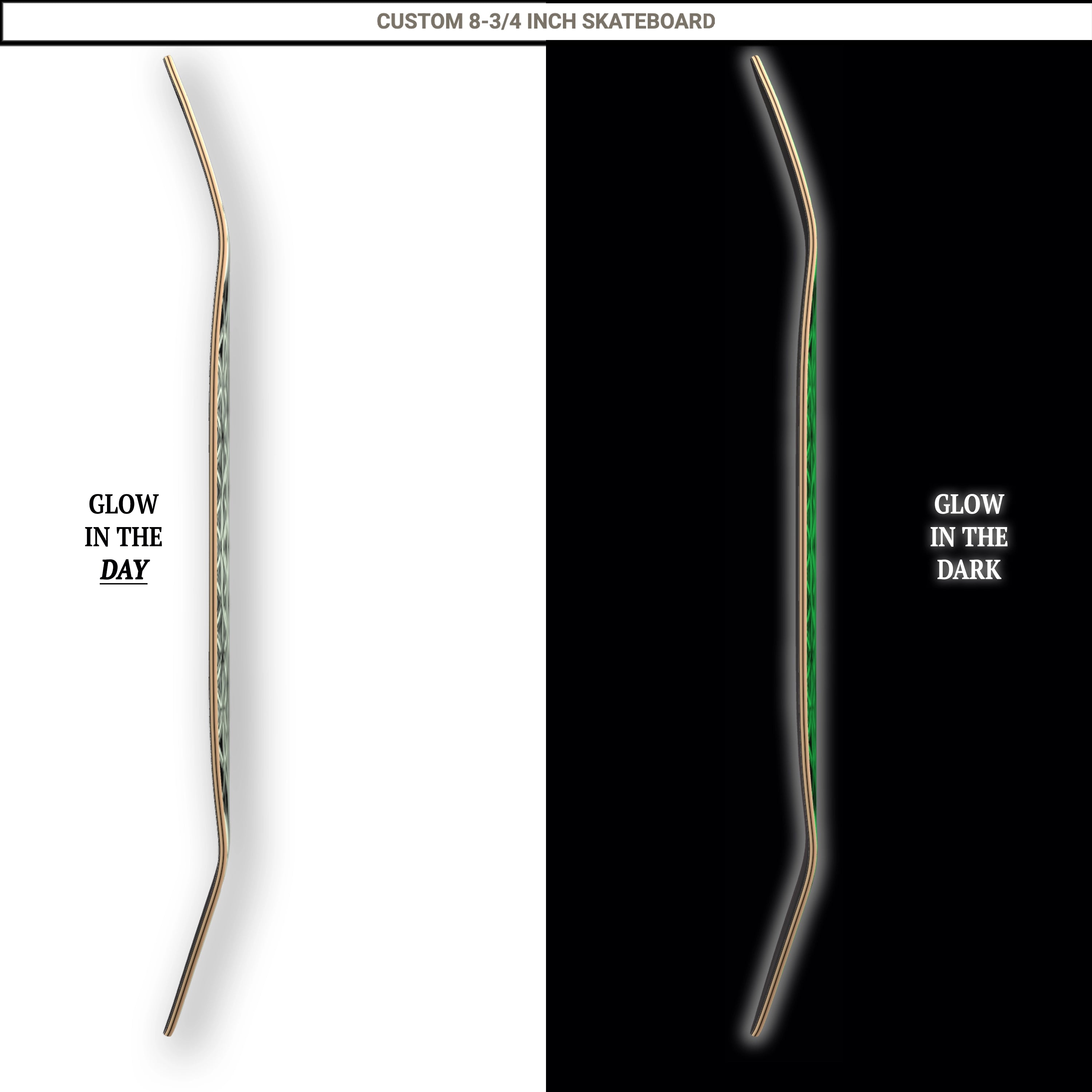 Glow in the dark skateboard deck showing day and night appearance