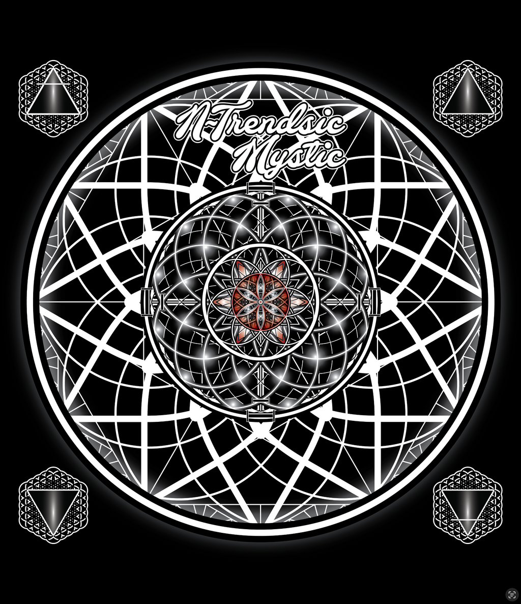 Mystic One unisex zip hoodie with black and white sacred geometry, Flower of Life grid, and intricate mandala centerpiece
