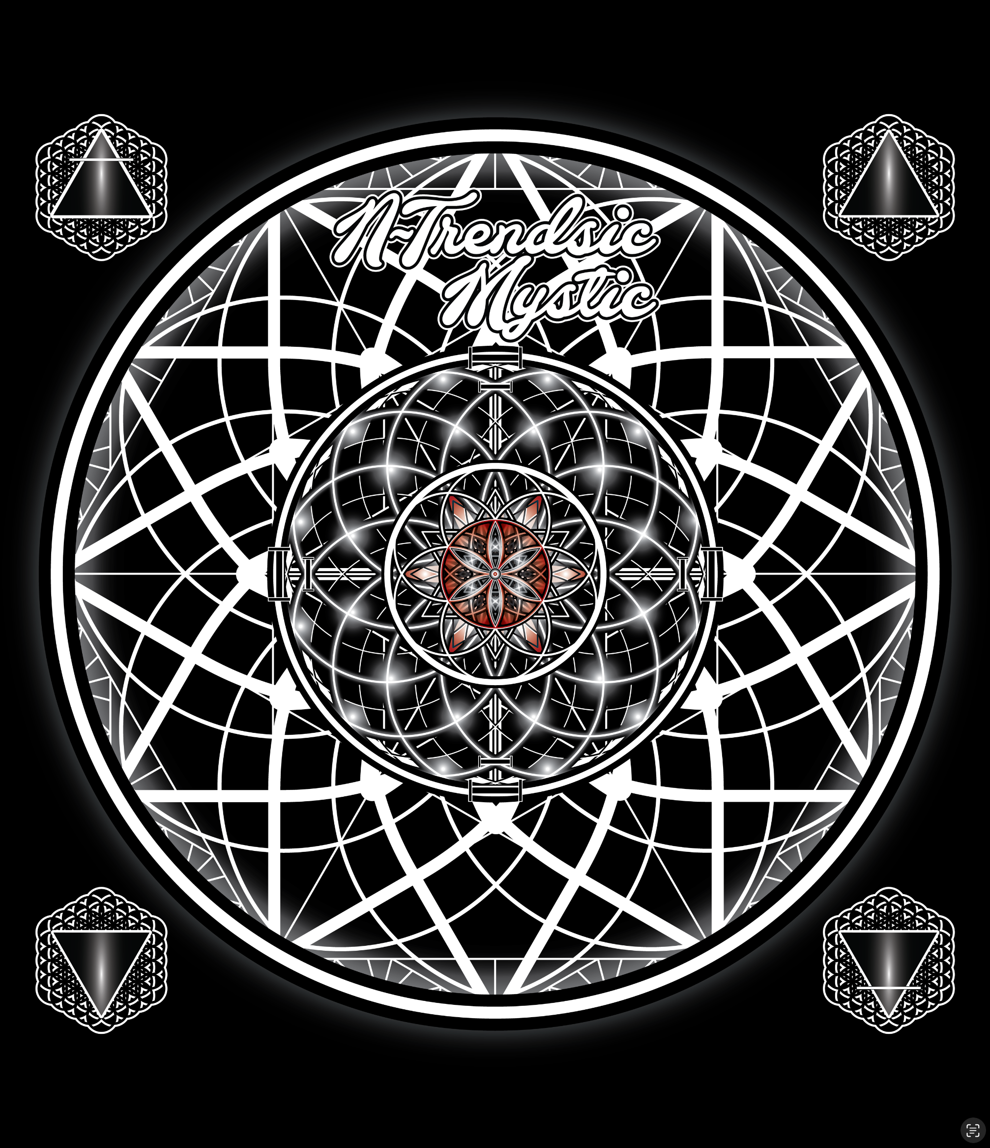 Mystic One unisex zip hoodie with black and white sacred geometry, Flower of Life grid, and intricate mandala centerpiece
