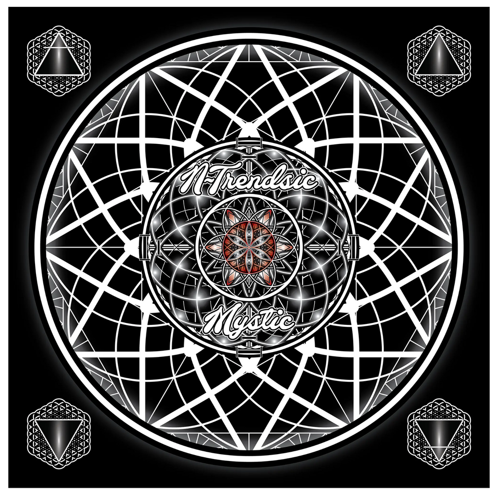 Decorative circular design with geometric patterns and 'M Trendsic' branding on a black background.