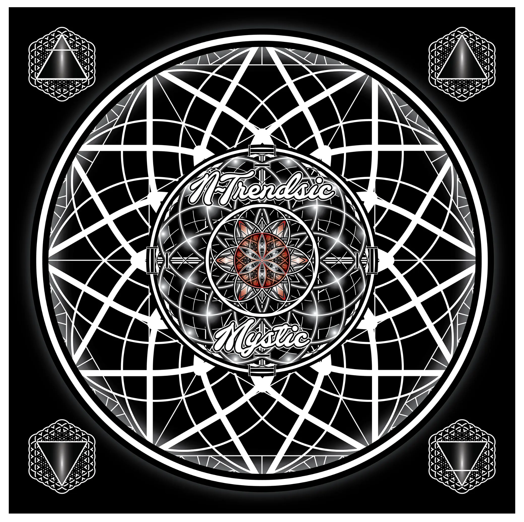 Decorative circular design with geometric patterns and 'M Trendsic' branding on a black background.