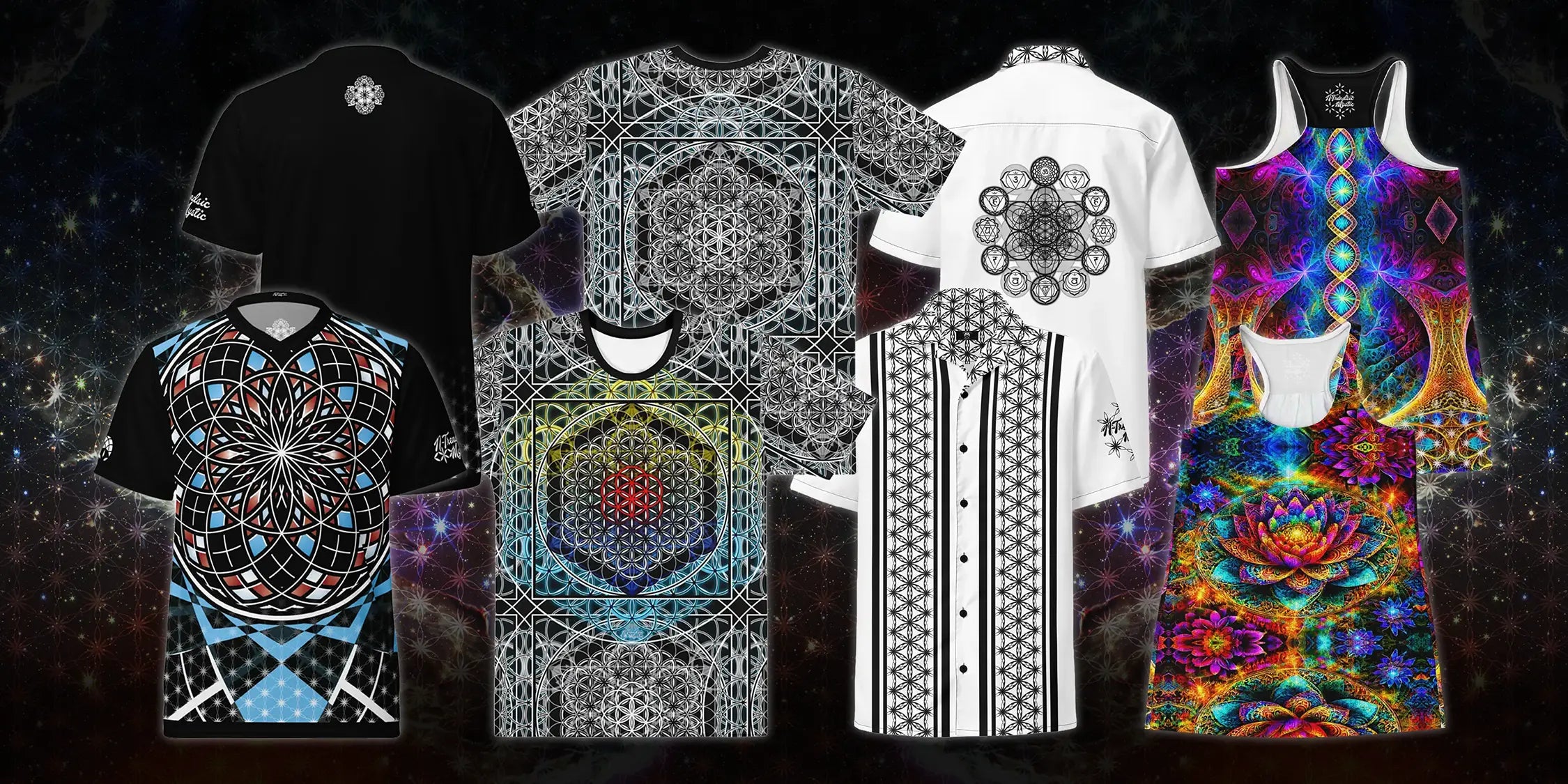 Collection of various t-shirts and a dress with geometric and abstract designs on a cosmic background.