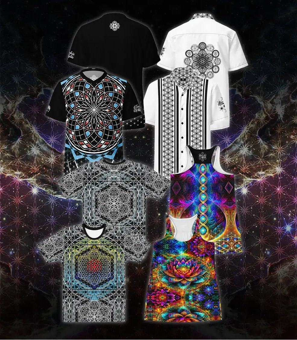 Colorful graphic designs on t-shirts against a cosmic background