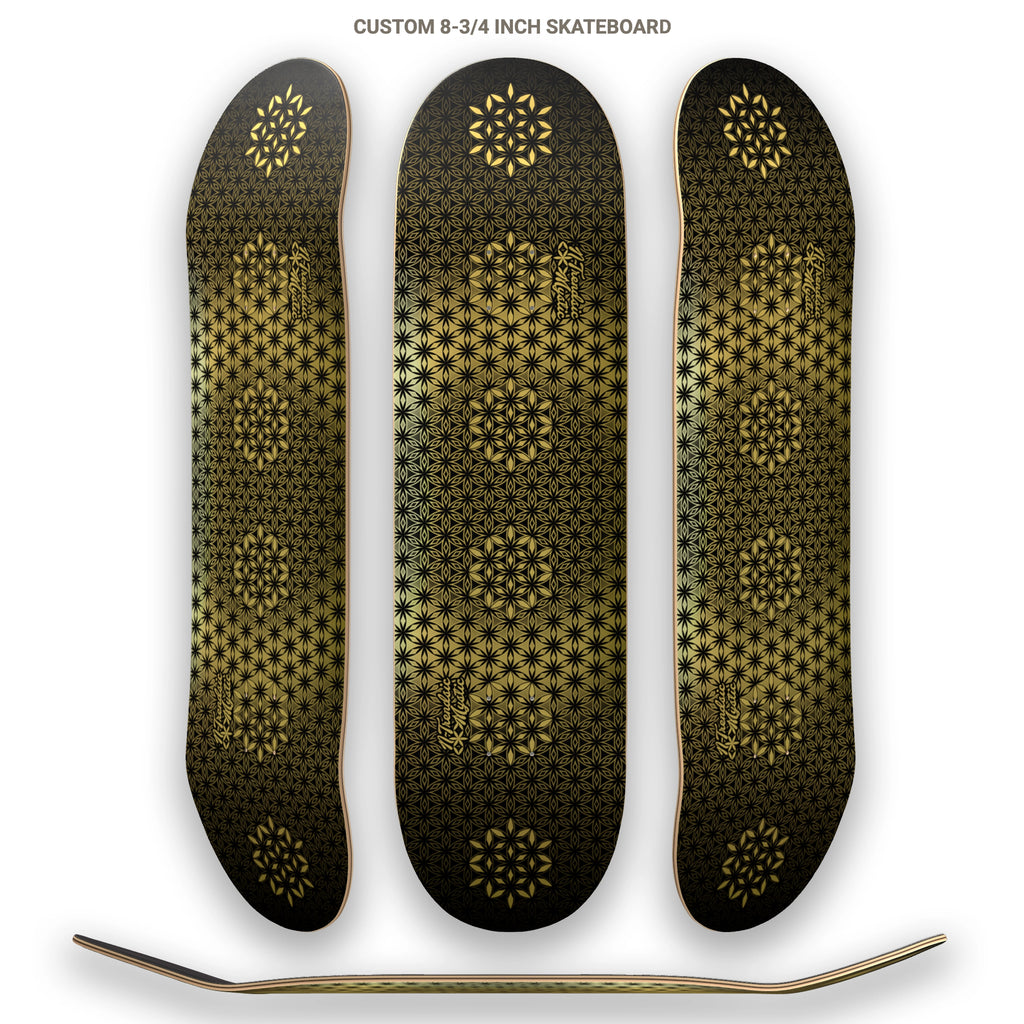 The Armory gold foil sacred geometry skateboard deck with repeating Flower of Life pattern on 7-ply Canadian maple, designed by NTrendSic Mystic.