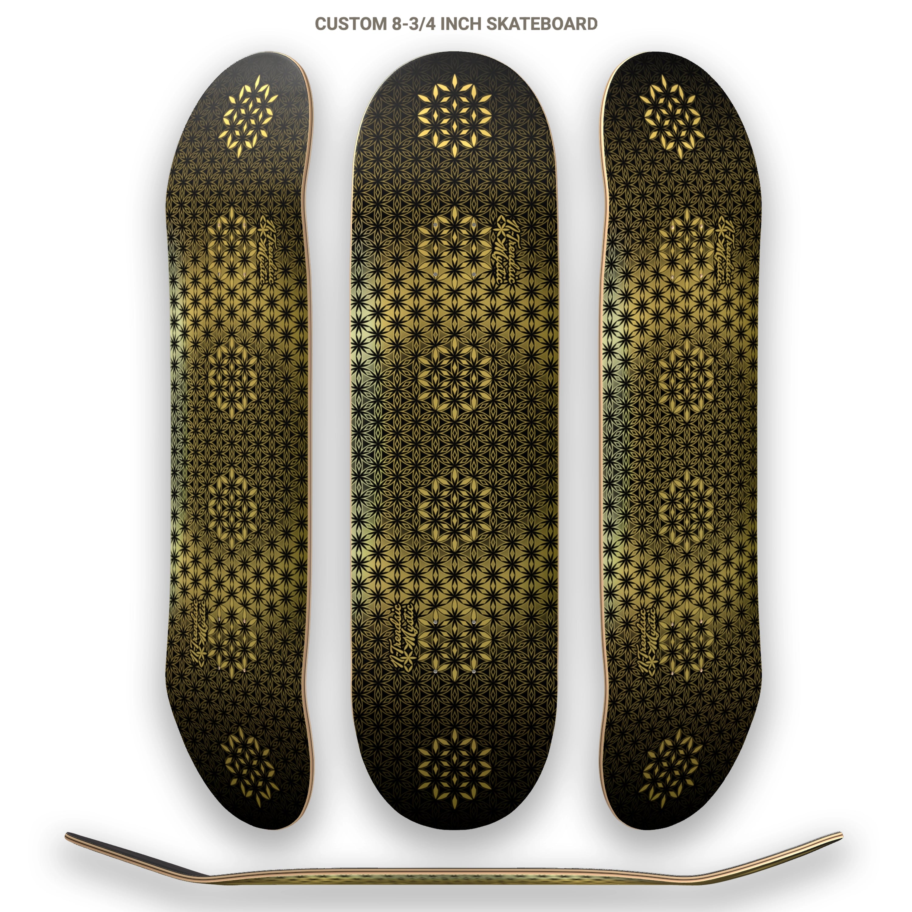 The Armory gold foil sacred geometry skateboard deck with repeating Flower of Life pattern on 7-ply Canadian maple, designed by NTrendSic Mystic.