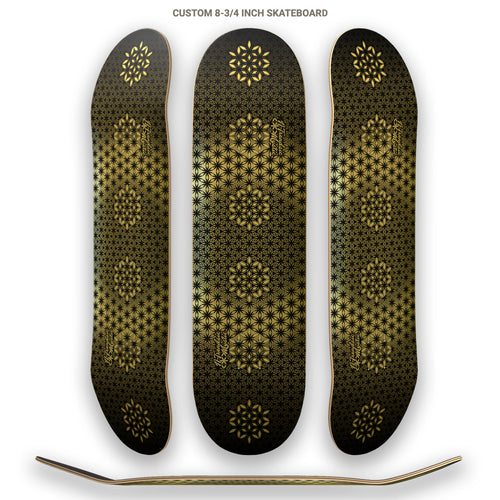 The Armory gold foil sacred geometry skateboard deck with repeating Flower of Life pattern on 7-ply Canadian maple, designed by NTrendSic Mystic.