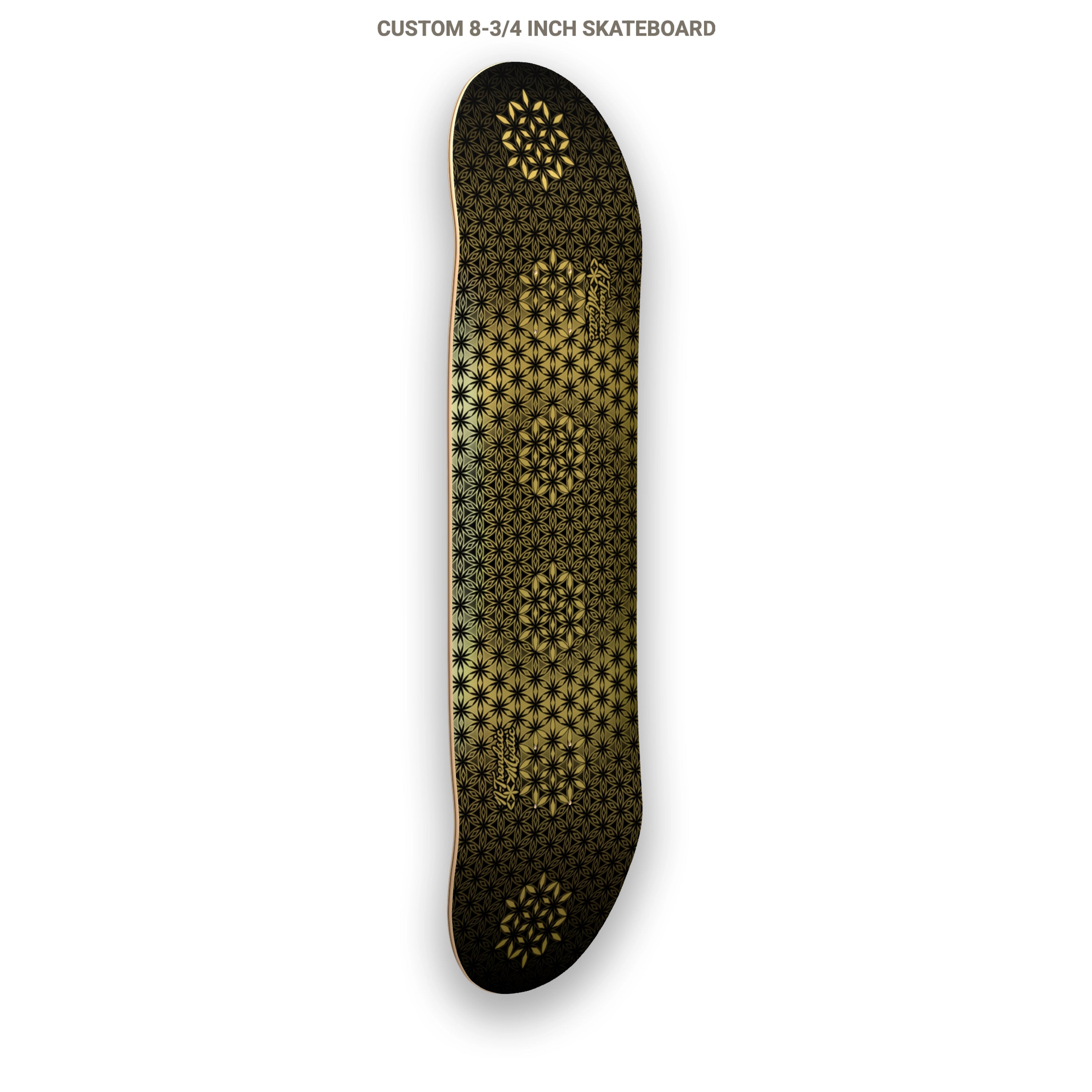 The Armory gold foil sacred geometry skateboard deck with repeating Flower of Life pattern on 7-ply Canadian maple, designed by NTrendSic Mystic.