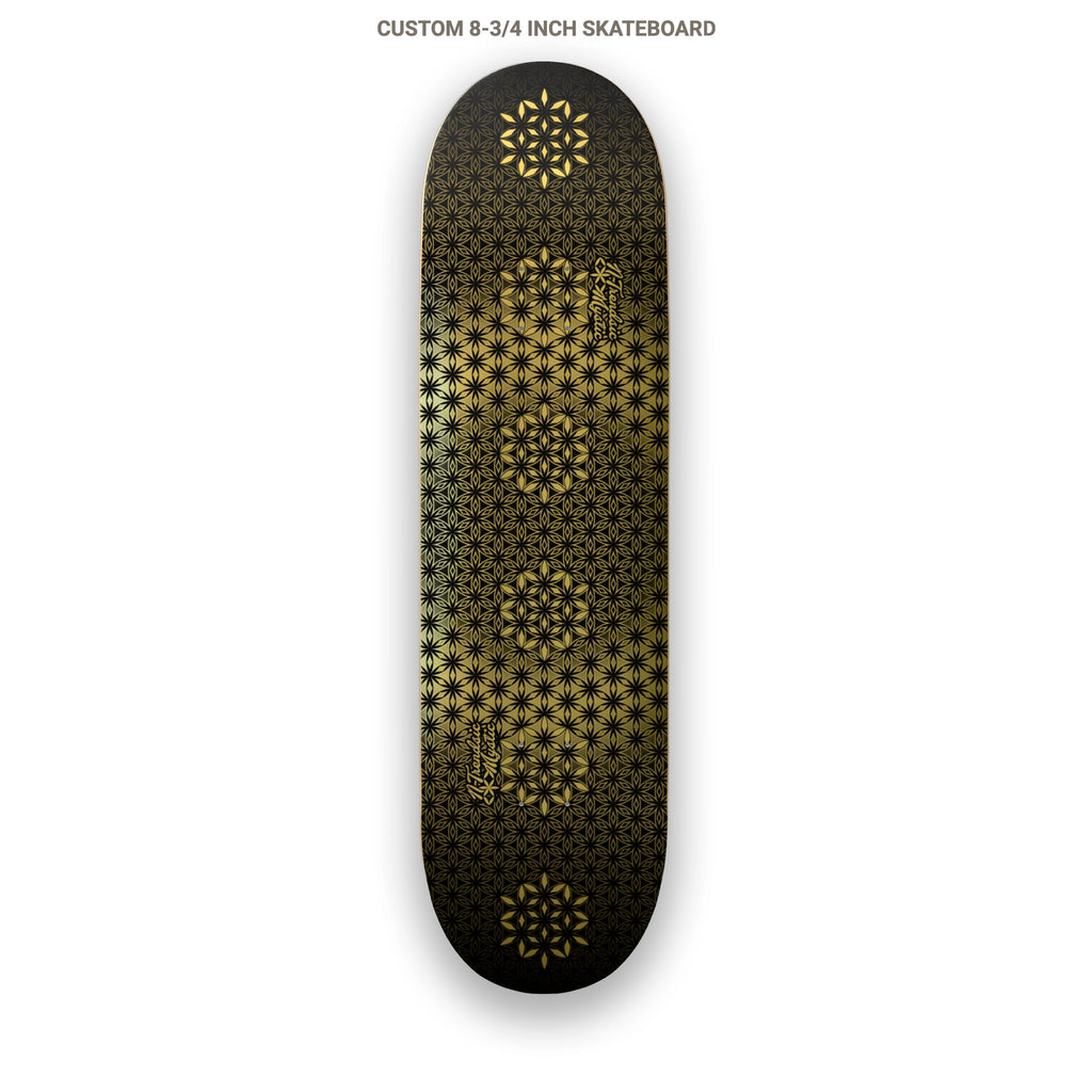 The Armory gold foil sacred geometry skateboard deck with repeating Flower of Life pattern on 7-ply Canadian maple, designed by NTrendSic Mystic.