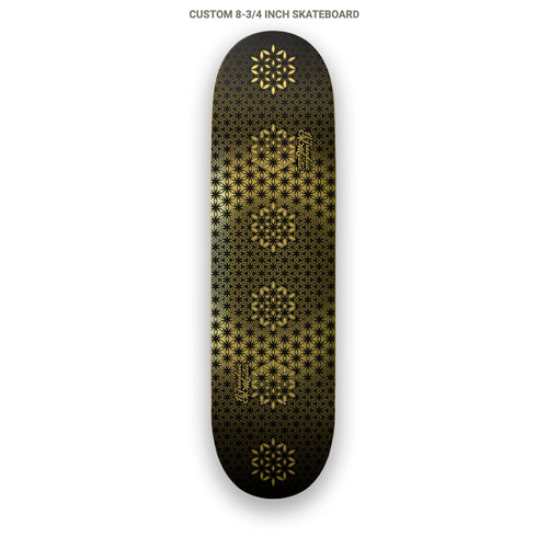 The Armory gold foil sacred geometry skateboard deck with repeating Flower of Life pattern on 7-ply Canadian maple, designed by NTrendSic Mystic.