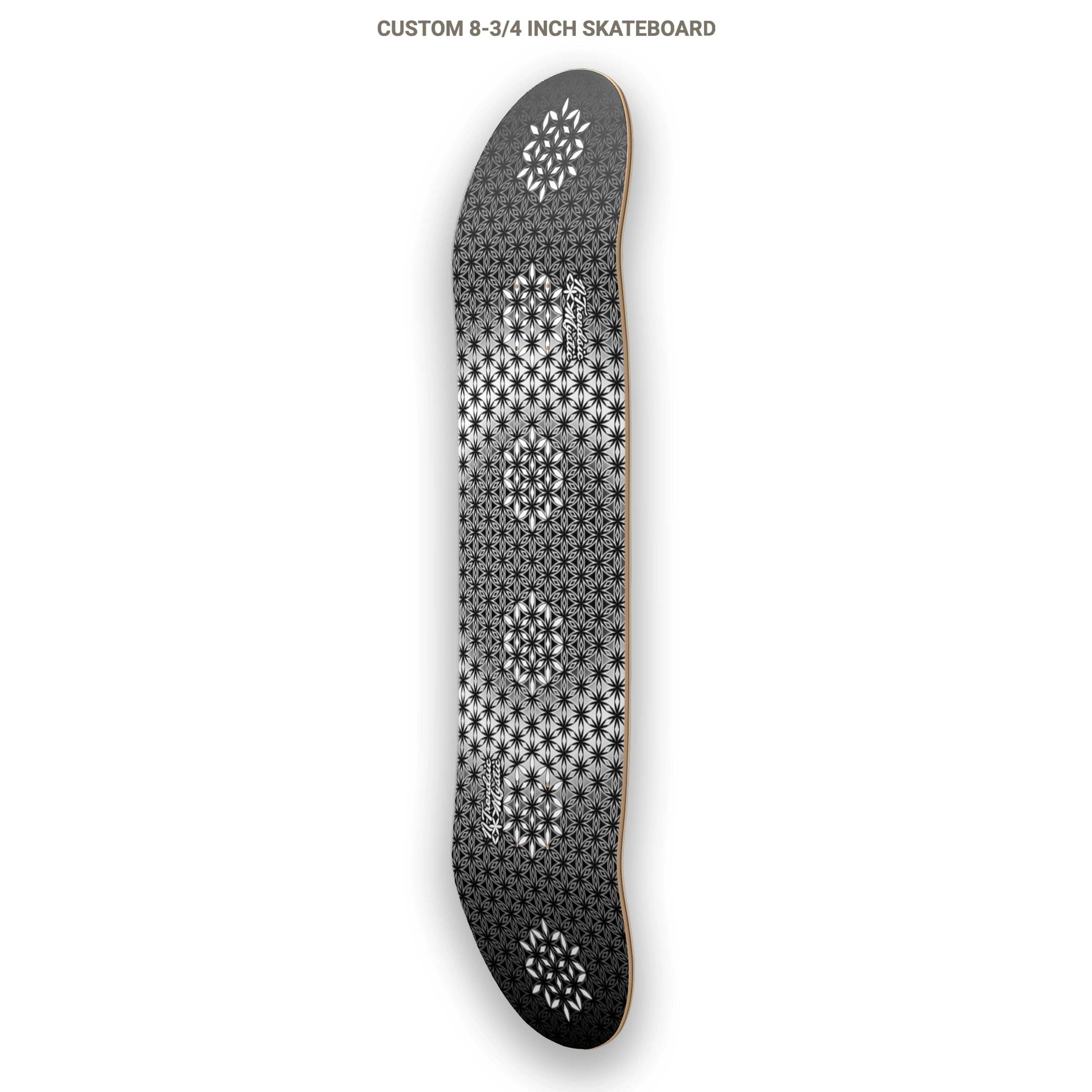 The Armory monochrome sacred geometry skateboard deck with repeating Flower of Life pattern on 7-ply Canadian maple, designed by NTrendSic Mystic.