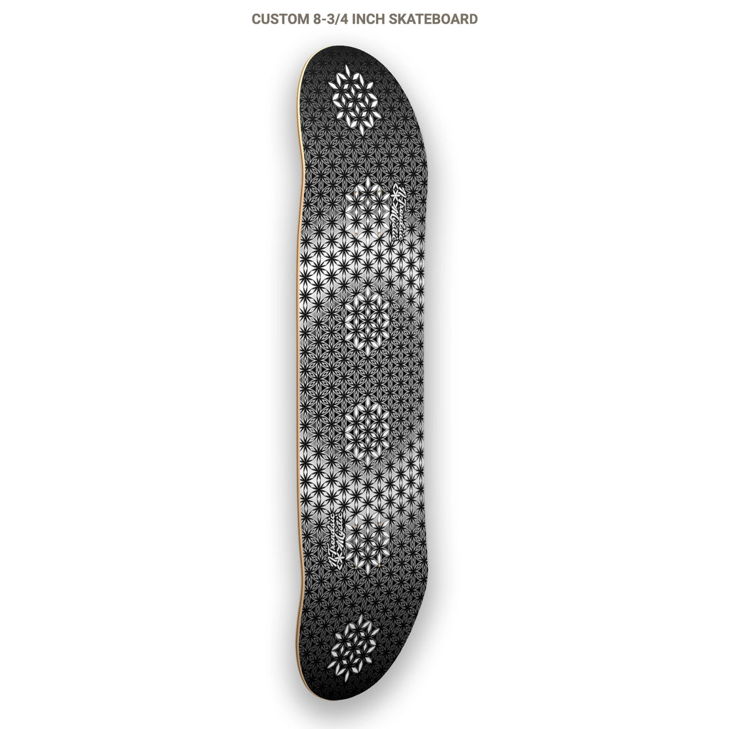 The Armory monochrome sacred geometry skateboard deck with repeating Flower of Life pattern on 7-ply Canadian maple, designed by NTrendSic Mystic.