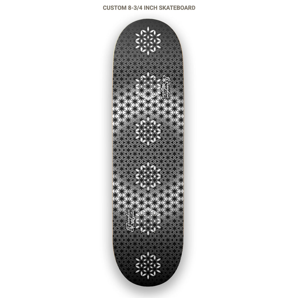 The Armory monochrome sacred geometry skateboard deck with repeating Flower of Life pattern on 7-ply Canadian maple, designed by NTrendSic Mystic.